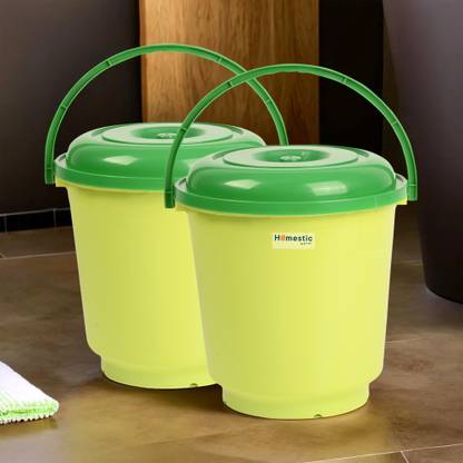 HOMESTIC Pack of 2 Bathroom 18 Liter Bucket with Lid & Handle | Green 18 L Plastic Bucket