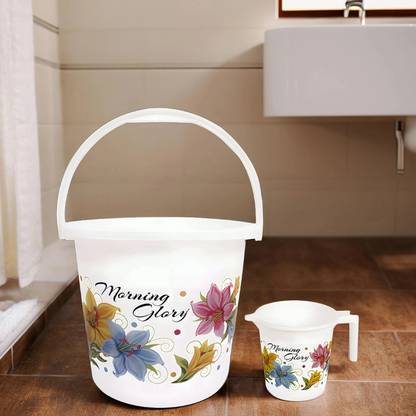 HOMESTIC Printed 2 Pieces Plastic Bathroom Bucket & Mug Set (White) 16 L Plastic Bucket