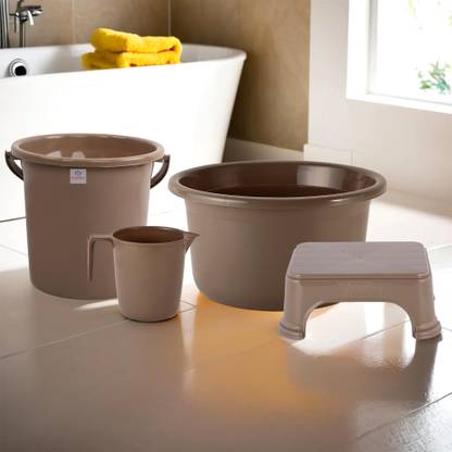 Heart Home Tub-Bucket with Mug & Stool Bathroom Combo Set|Set of 4|Brown 25 L Plastic Bucket