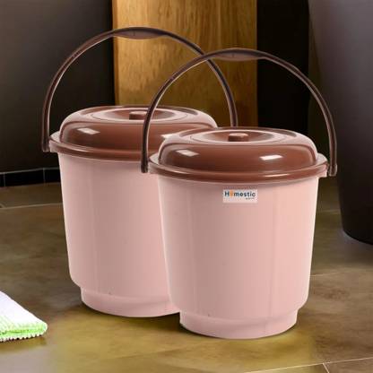 HOMESTIC Pack of 2 Bathroom 18 Liter Bucket with Lid & Handle | Peach 18 L Plastic Bucket