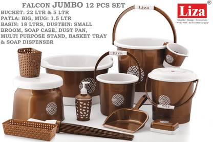Liza Jumbo Bathroom Set Combo - 12 Pcs. (Bucket, Tub, Dustbin, Stool, Mug, Soap Case) 22 L Plastic Bucket (Brown) 36 L Plastic Bucket
