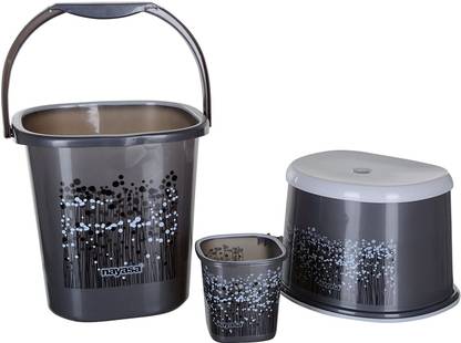 NAYASA 3 Piece Plastic Bathroom Bucket, Mug and Stool Set, Black 25 L Plastic Bucket