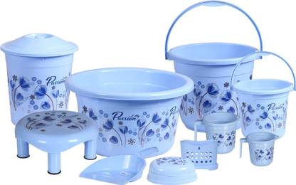 VeleSolv Bathroom Set of 10, Balti 20L & 5L, Dustbin 11L, Mug 1.5 L & 1L, Stool, Tub 22L 16 L Plastic Bucket
