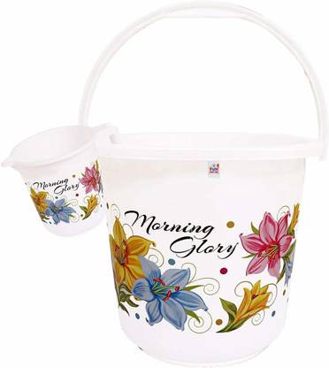 KUBER INDUSTRIES Printed 2 Pieces Unbreakable Virgin Plastic Multipurpose Bathroom Bucket & Mug Set (White) 16 L Plastic Bucket