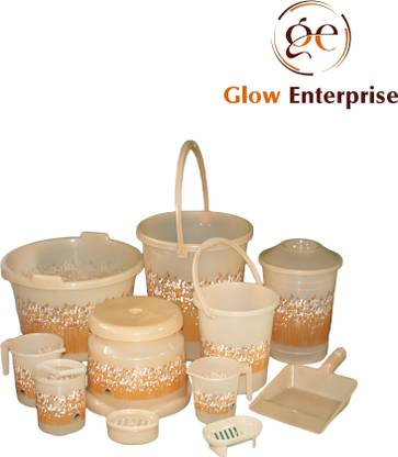GLOWENTERPRISE 11 pcs Bathroom Set Plastic Bath Set (Orange) 20 L Plastic Bucket