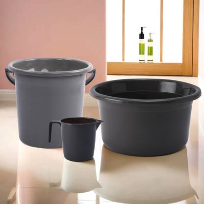 KUBER INDUSTRIES Tub-Bucket with Mug Bathroom Combo Set|Set of 3|Gray 25 L Plastic Bucket