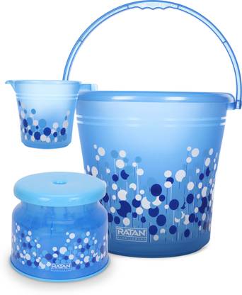 RATAN Frosty Bubble Print Blue Pack of 3 Bathroom Set (Bucket, Mug, Stool) 18 L Plastic Bucket