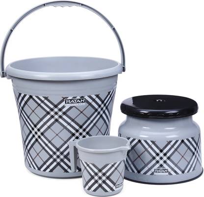 RATAN Frosty Checks Print Grey Pack of 3 Bathroom Set (Bucket x 1, Mug x 1, Stool x 1) 16 L Plastic Bucket