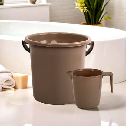 KUBER INDUSTRIES Bucket & Mug Bathroom Combo Set|Set of 2|Brown 18 L Plastic Bucket
