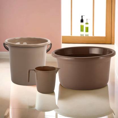 KUBER INDUSTRIES Tub-Bucket with Mug Bathroom Combo Set|Set of 3|Brown 25 L Plastic Bucket