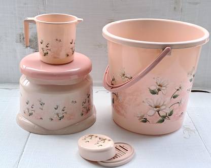 VARIYA VARIYA Plastic Bathroom Set 4 Pieces Bucket,Stool,Shopcase,Mug (Peach) by 20 L Plastic Bucket