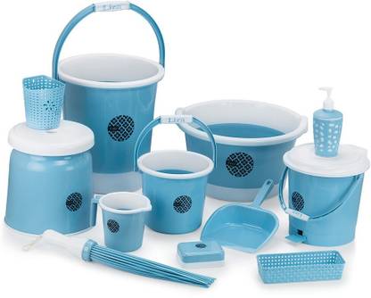 Liza Jumbo Bathroom Combo - 12 Pcs. (Bucket, Tub, Dustbin, Stool, Mug, Soap Case) 25 L Plastic Bucket (Blue) 25 L Plastic Bucket