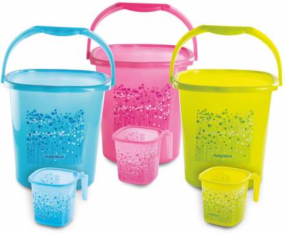 NAYASA Funk Square 6 Pcs Bath Set | Sturdy and Durable | 3 Bkt 25 L+3 Mug 1.5 L | 25 L Plastic Bucket