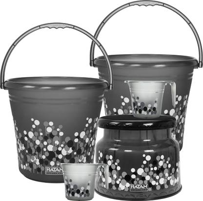 RATAN Frosty Bubble Print Grey Pack of 5 Bathroom Set ( Bucket ,Mug, Stool) 25 L Plastic Bucket