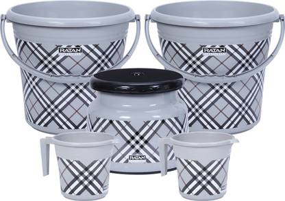 RATAN Frosty Checks Print Grey Pack of 5 Bathroom Set (Bucket, Mug, Stool) 20 L Plastic Bucket