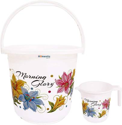 HOMESTIC 2 Pieces Virgin Plastic Bathroom Bucket With Mug Set- White 16 L Plastic Bucket