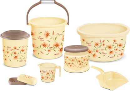 MILTON Elegance Waste Paper Plastic Bath Set of 7 , Elegance 18 L Plastic Bucket