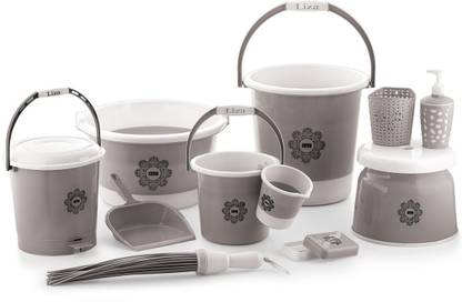 Liza 11 pcs Bathroom Accessories Set Plastic Bath Set Bathroom Bucket, Mug, Stool, Soap Case, Tub and Dustbin 11 Piece Combo Set for Home, Kitchen & Bathroom (Gray) 52 L Plastic Bucket