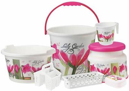 Sunder Bathroom Set with Buckets Set 7 Pcs Set Lilly Garden 16 L Plastic Bucket