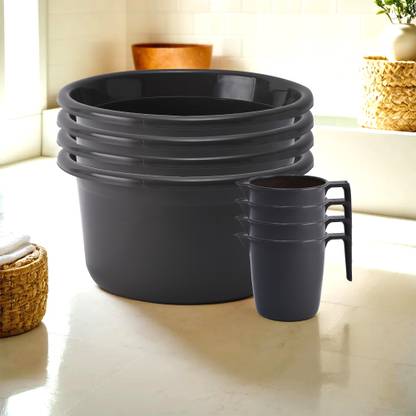 KUBER INDUSTRIES Tub & Mug Bathroom Combo Set|Set of 8|Gray 25 L Plastic Bucket