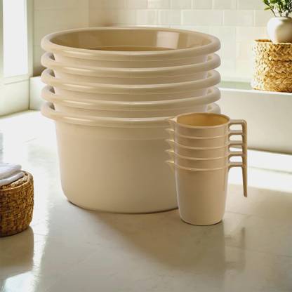 KUBER INDUSTRIES Tub & Mug Bathroom Combo Set|Set of 10|Beige 25 L Plastic Bucket