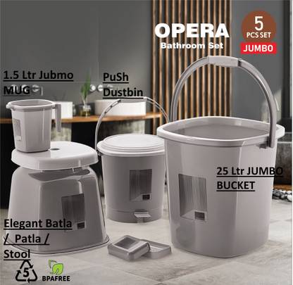 Tedemel OPERA JUMBO 5 PC Bathroom Set, 25 Ltr Bucket, 1.5 Liter Mug, Stool, Case Dustbin 25 L Plastic Bucket