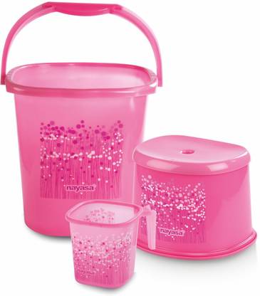 NAYASA Funk Square 3 Pcs Bath Set | BKT 25 L + Mug 1.5 L + Stool 508 |Sturdy & Durable| 25 L Plastic Bucket