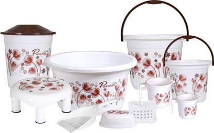 Goodwill Tech Classic Unbreakable 10-Piece Bathroom Set, Large Capacity, White - Brown Queen 20 L Plastic Bucket
