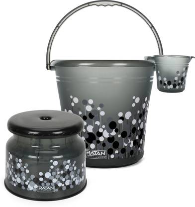 RATAN Frosty Bubble Print Pack of 3 Bathroom Set (Bucket x 1, Mug x 1, Stool x 1) 20 L Plastic Bucket