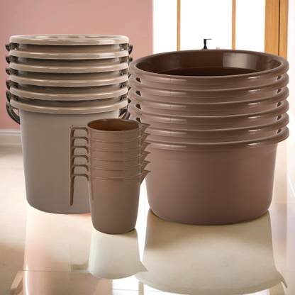 KUBER INDUSTRIES Tub-Bucket with Mug Bathroom Combo Set|Set of 18|Brown 25 L Plastic Bucket
