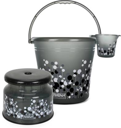 RATAN Frosty Bubble Print Grey Pack of 3 Bathroom Set ( Bucket ,Mug, Stool) 25 L Plastic Bucket