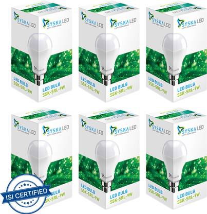 Syska 9 W Standard B22 LED Bulb  (White, Pack of 6) at Rs. 366