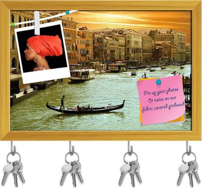 Artzfolio Venice Grand Cana Pin Board with Key Holders Golden Frame 17.7x12inch (45x30cms) Cork Bulletin Board