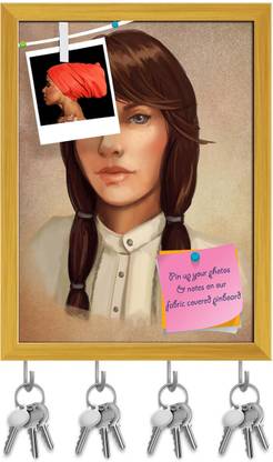 Artzfolio Young Brunette Woman D2 Pinboard with Key Holder Hooks Golden Frame 12x16inch Cork Bulletin Board