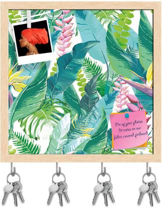 Artzfolio Exotic Flowers & Leaves Pin Board with Key Holders Natural Brown Frame 16x16inch Cork Bulletin Board