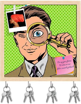 Artzfolio Detective Man Pop Art Pinboard with Key Holders Natural Brown Frame20x20inch Cork Bulletin Board