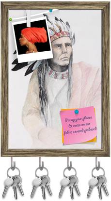 Artzfolio American Indian With Feathers Pinboard & Key Hooks Antique Golden 12x17.5inch Cork Bulletin Board