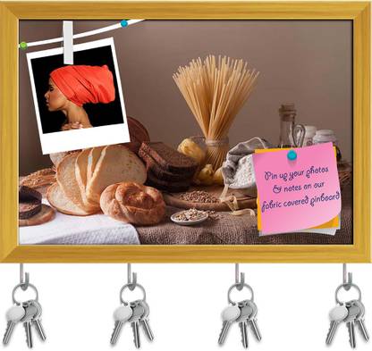 Artzfolio Photo of Bread, Pasta & Wheat Pinboard with Key Holders Golden Frame14.4x10inch Cork Bulletin Board