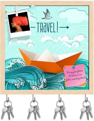 Artzfolio Origami Paper Ship On Sea Waves Art Pinboard & Key Hooks Natural Brown 8x8in Cork Bulletin Board