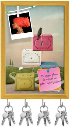 Artzfolio Colorful Box With Rope & Key Pin Board with Key Holders Golden Frame 12x17.6inch Cork Bulletin Board