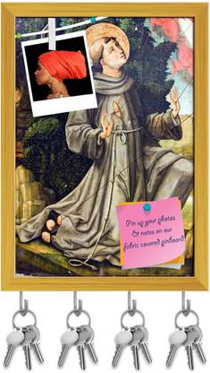 Artzfolio St Francis Pin Board with Key Holder Hooks Golden Frame 12x16.9inch (30x43cms) Cork Bulletin Board