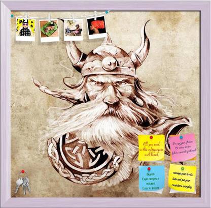 Artzfolio Viking Warrior Notice Pin Board White Frame 20.4 x 20 inch (52 x 51 cms) Cork Bulletin Board