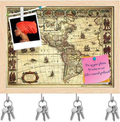 Artzfolio Photo of an Old Map Pinboard with Key Holders Natural Brown Frame 13x10inch Cork Bulletin Board