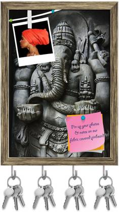 Artzfolio Ganesha Pin Board with Key Holders Antique Golden Frame 6x8.3inch (15x21cms) Cork Bulletin Board