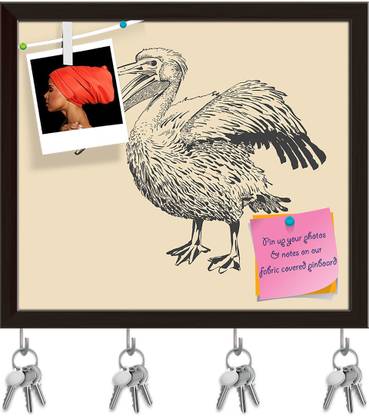 Artzfolio Pelican With Open Beak Pin Board with Key Holders Dark Brown Frame 18.1x16inch Cork Bulletin Board