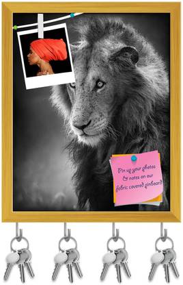 Artzfolio Male Lion Pin Board with Key Holder Hooks Golden Frame 16x19.8inch (41x50cms) Cork Bulletin Board