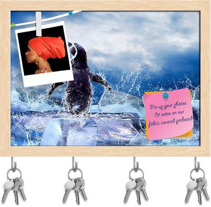 Artzfolio Penguin On The Ice Pinboard with Key Holders Natural Brown Frame16.4x12inch Cork Bulletin Board