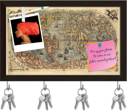 Artzfolio Image of Ancient World Map Pinboard with Key Holders Dark Brown Frame 12.6x8inch Cork Bulletin Board