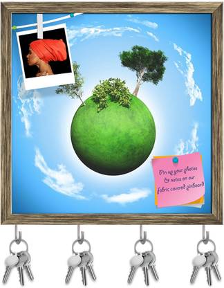 Artzfolio Grassy Globe With Tree D3 Pinboard & Key Holders Antique Golden Frame20x20inch Cork Bulletin Board