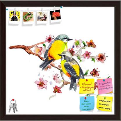 Artzfolio Cute Bird Notice Pin Board Dark Brown Frame 24.1 x 24 inch (61 x 61 cms) Cork Bulletin Board